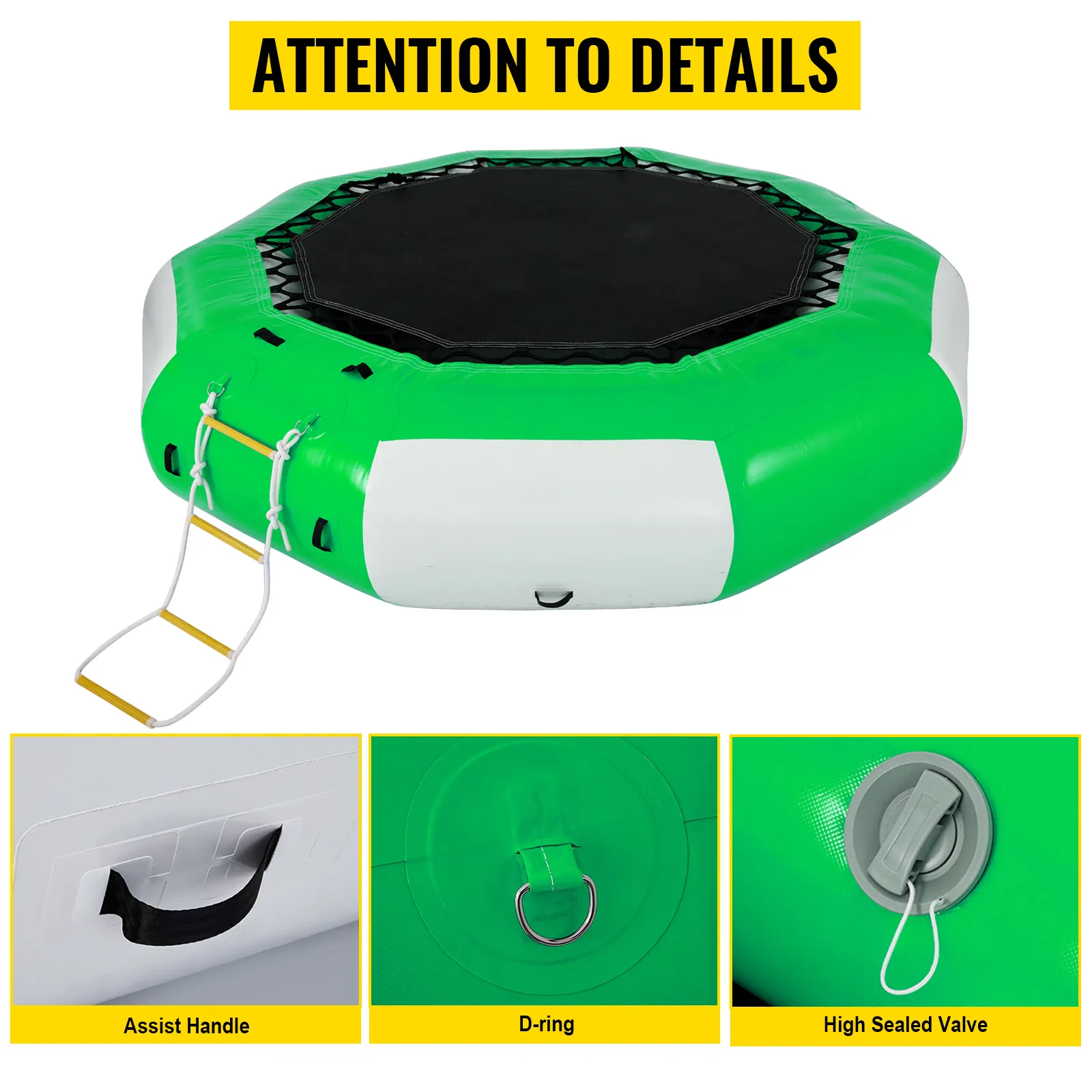 Trampolín acuático inflable VEVOR con asa de asistencia, anillo en D y válvula de alto sellado.