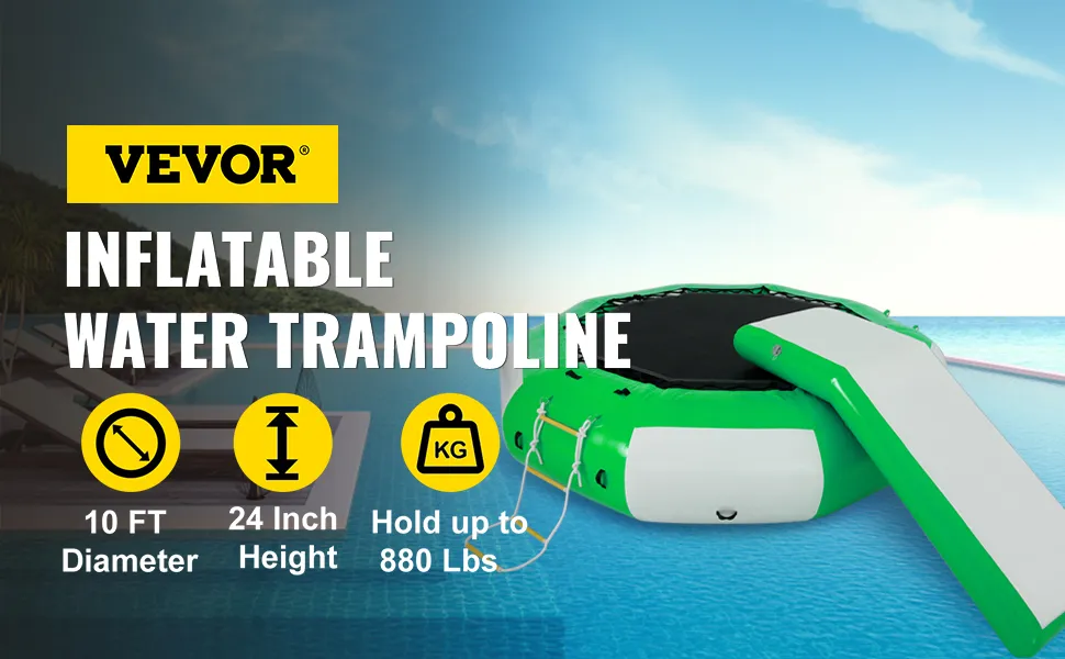 VEVOR inflatable water trampoline with slide, 10 ft diameter and holds up to 880 lbs.