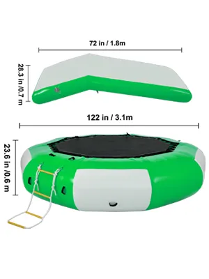 green and white VEVOR inflatable water trampoline with ladder and dimensions.