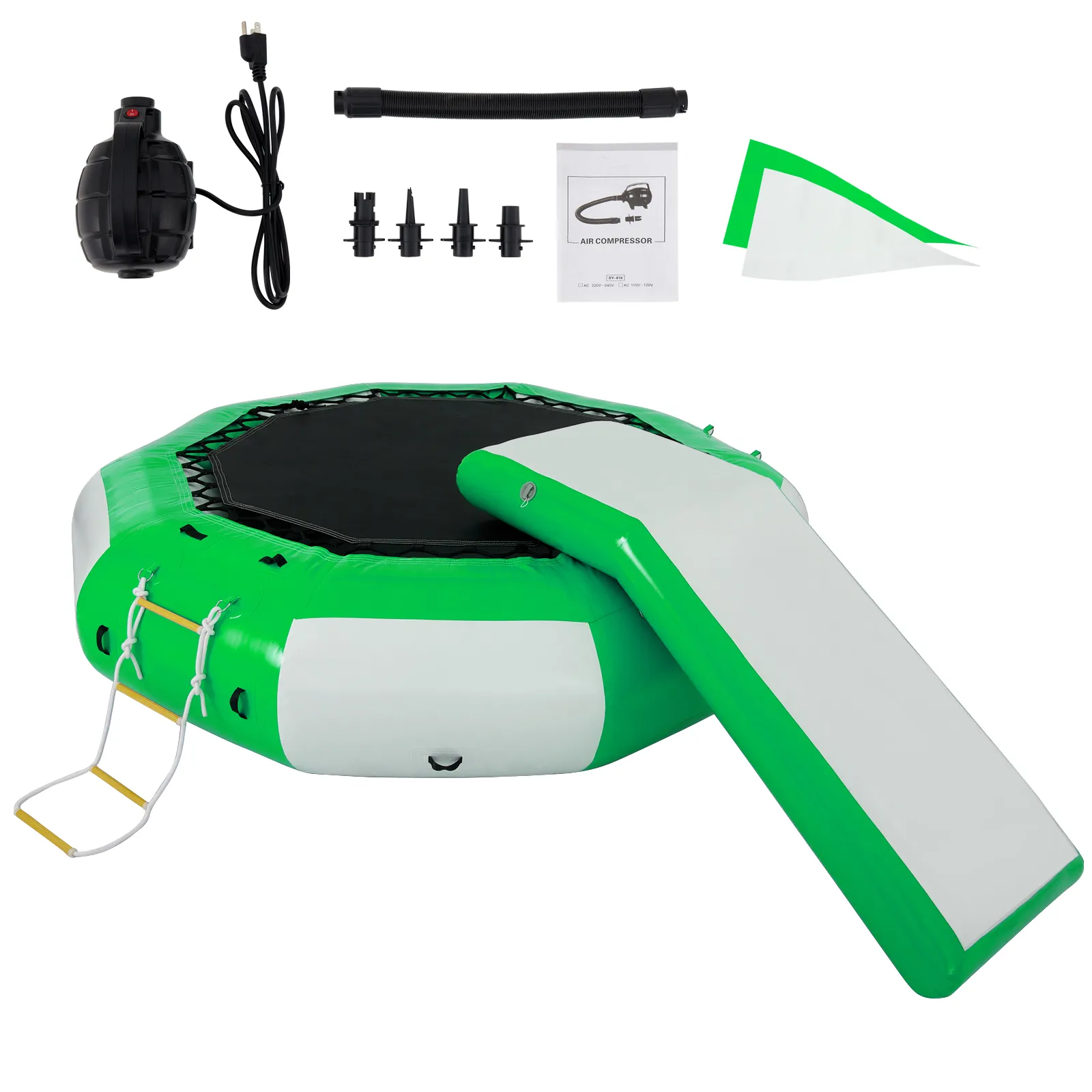 VEVOR inflatable water trampoline with slide, air compressor, and accessories.