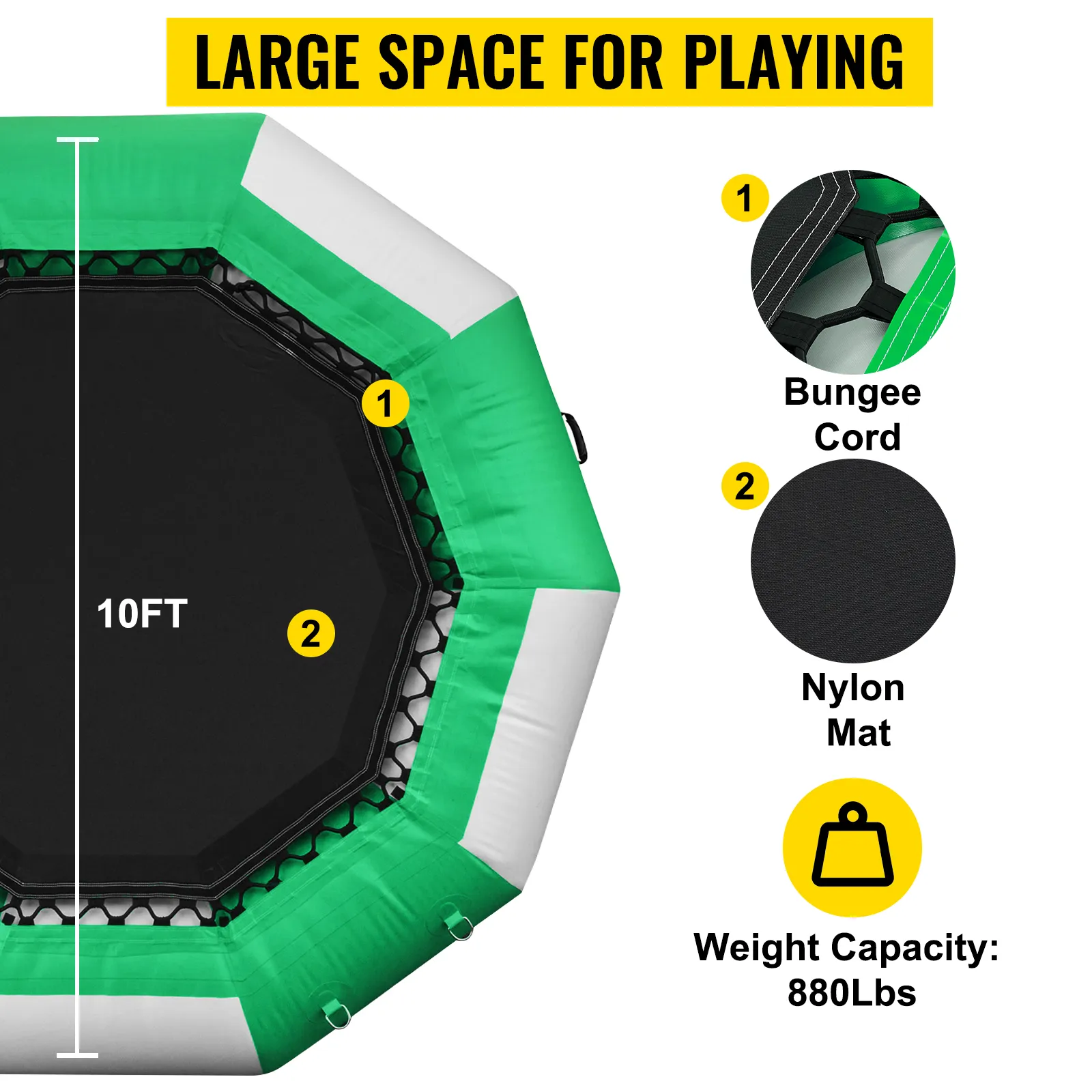 VEVOR inflatable water trampoline, 10ft diameter, nylon mat, bungee cord, 880lbs capacity.