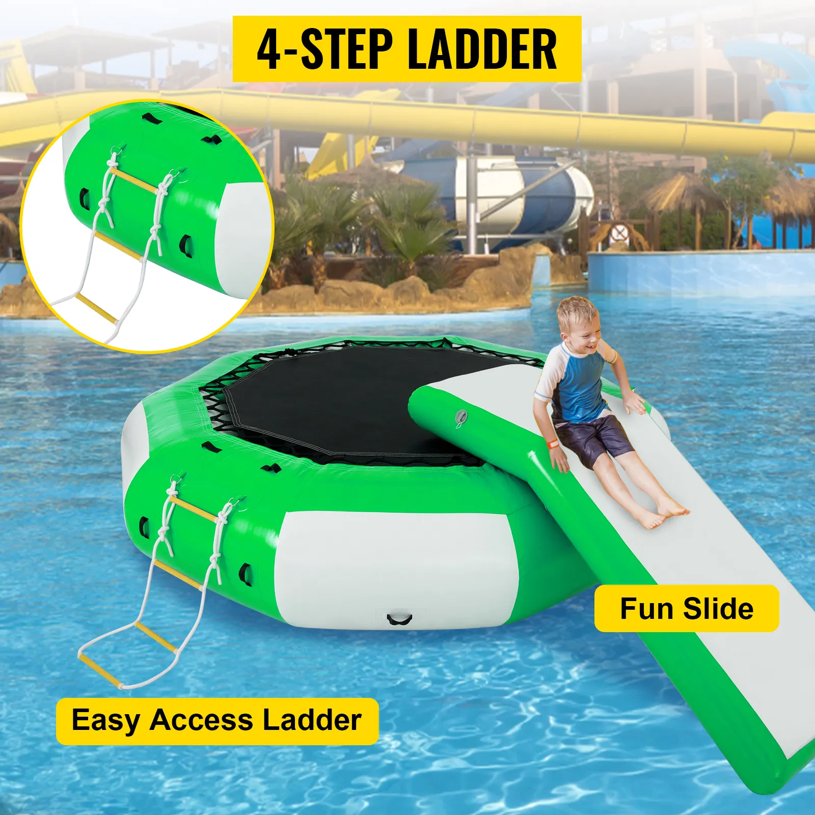 VEVOR inflatable water trampoline with fun slide and easy access 4-step ladder