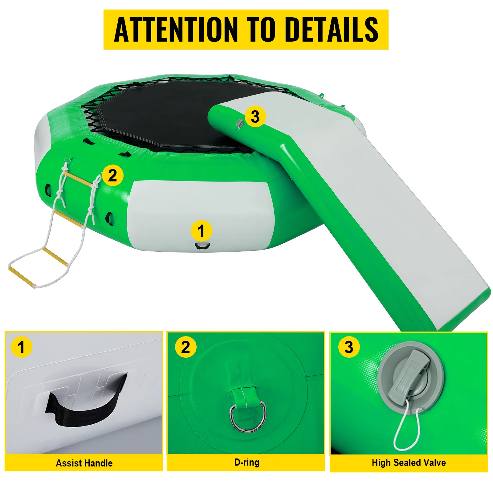 VEVOR inflatable water trampoline with ladder, d-ring, and high-sealed valve.