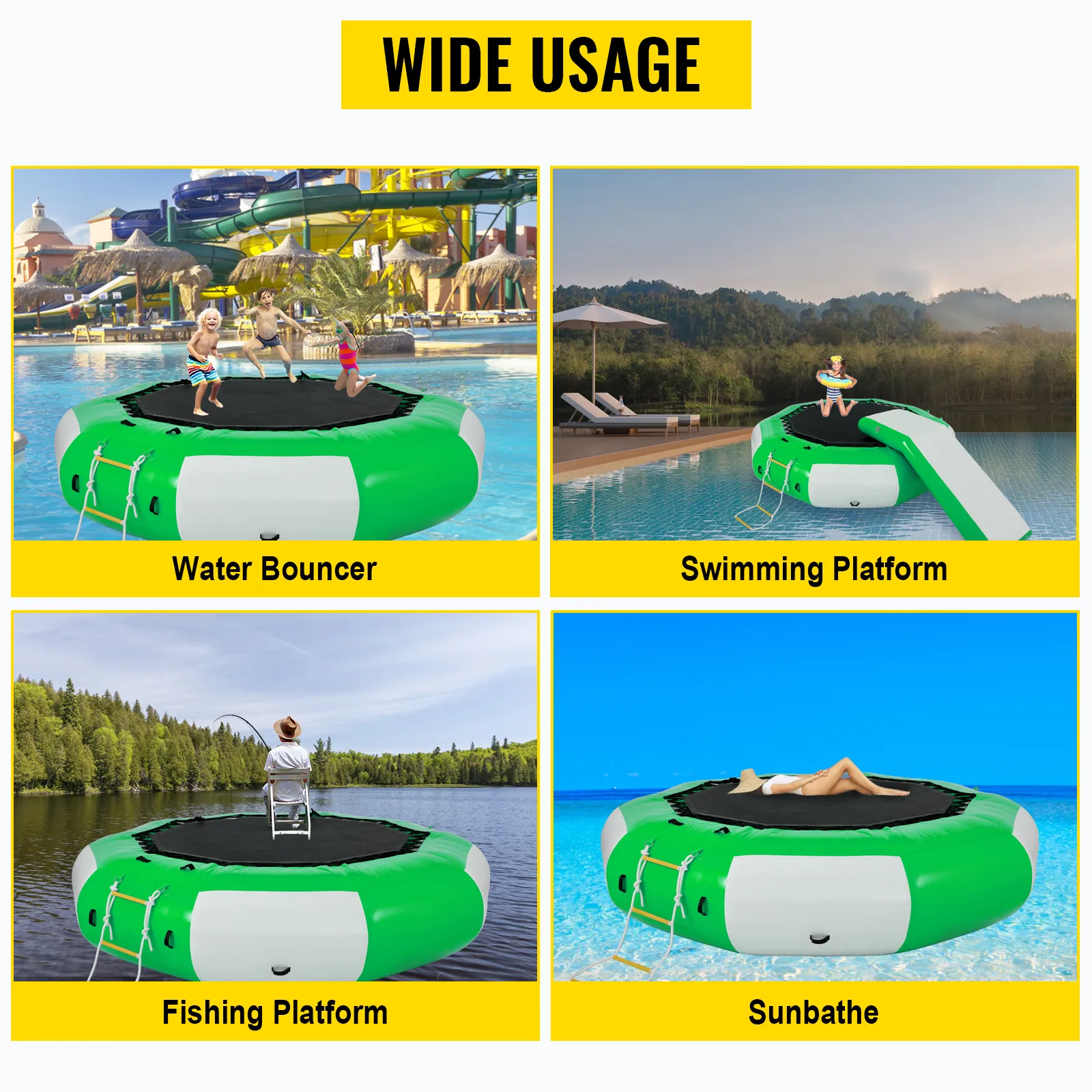 VEVOR inflatable water trampoline used as bouncer, swimming platform, fishing, and sunbathing.
