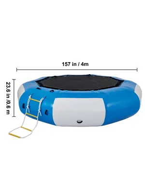 blue and white 157-inch VEVOR water trampoline with a ladder and black jumping surface.