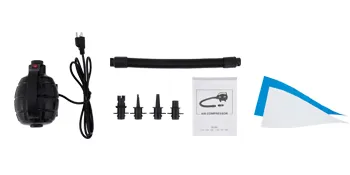VEVOR water trampoline air pump, nozzles, hose, manual, and repair patches on a white background.