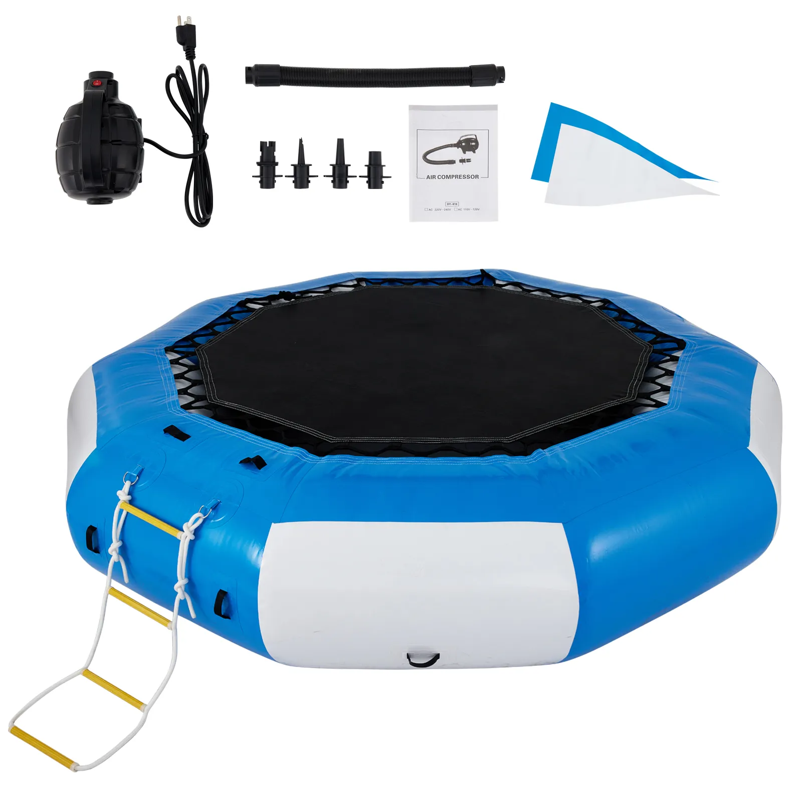 VEVOR water trampoline with air compressor, hose, nozzles, ladder, and repair kit on white background.
