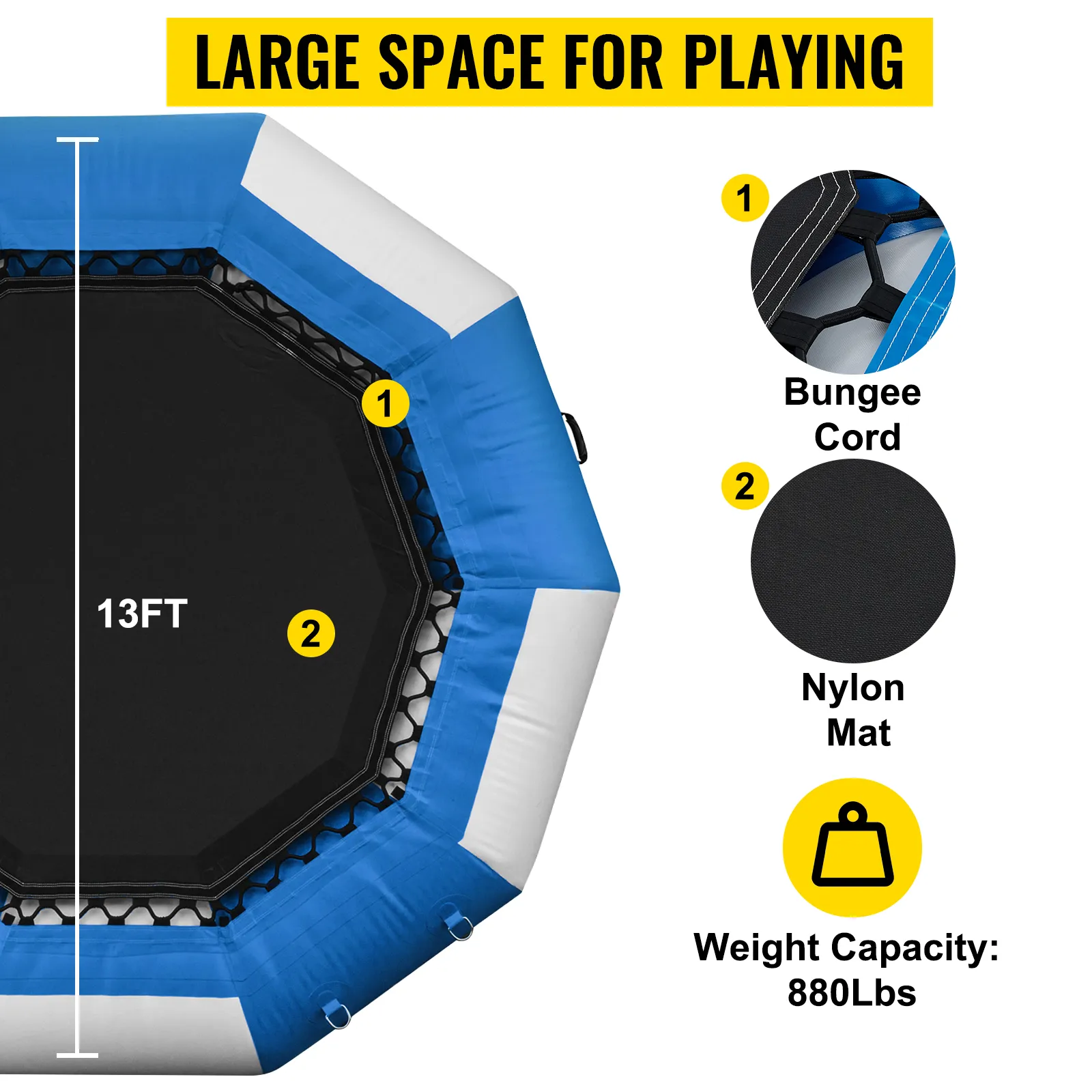 VEVOR water trampoline with 13ft diameter, nylon mat, bungee cords, and 880lbs weight capacity. large space for playing.