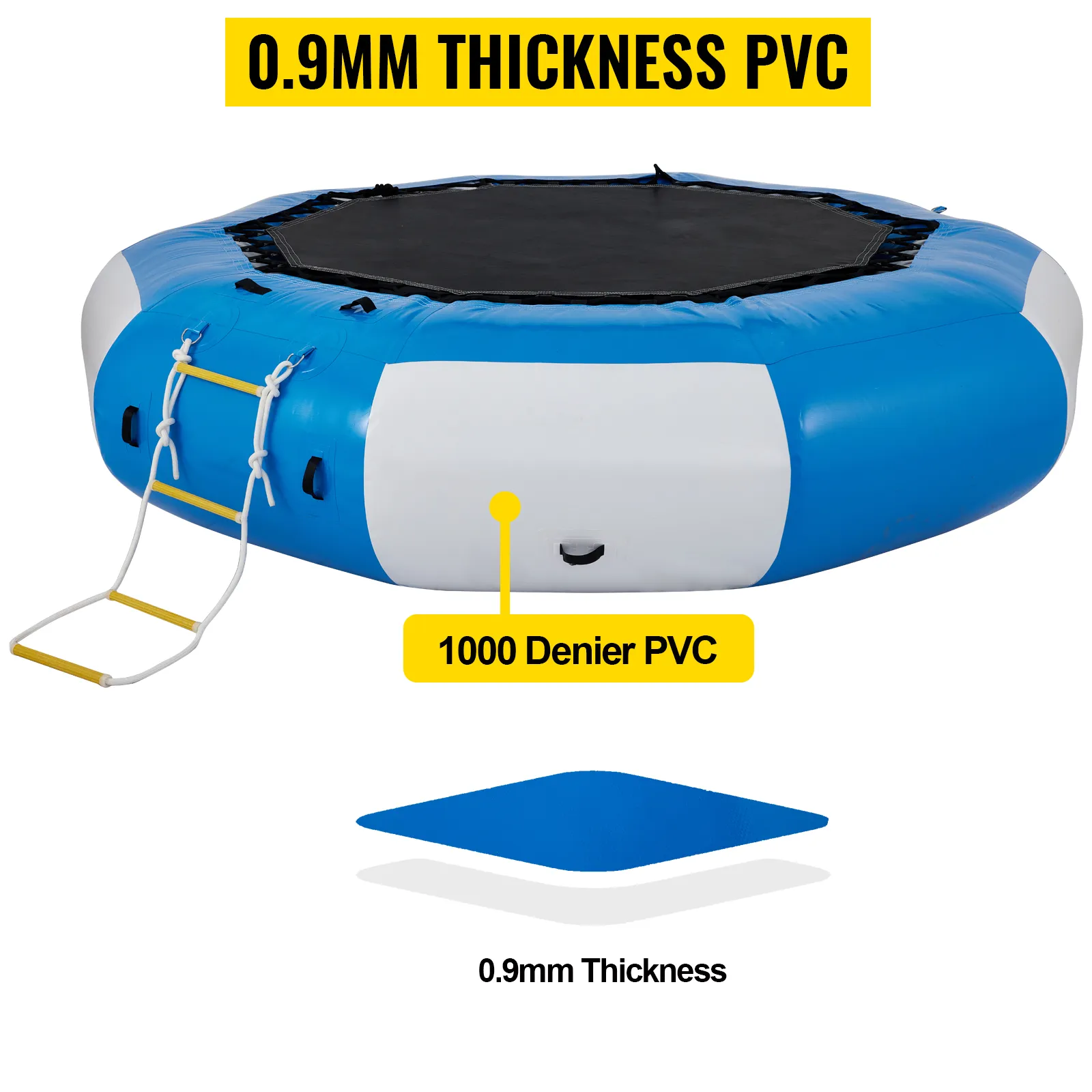 VEVOR water trampoline with 0.9mm thick 1000 denier pvc, blue and white, with a ladder.