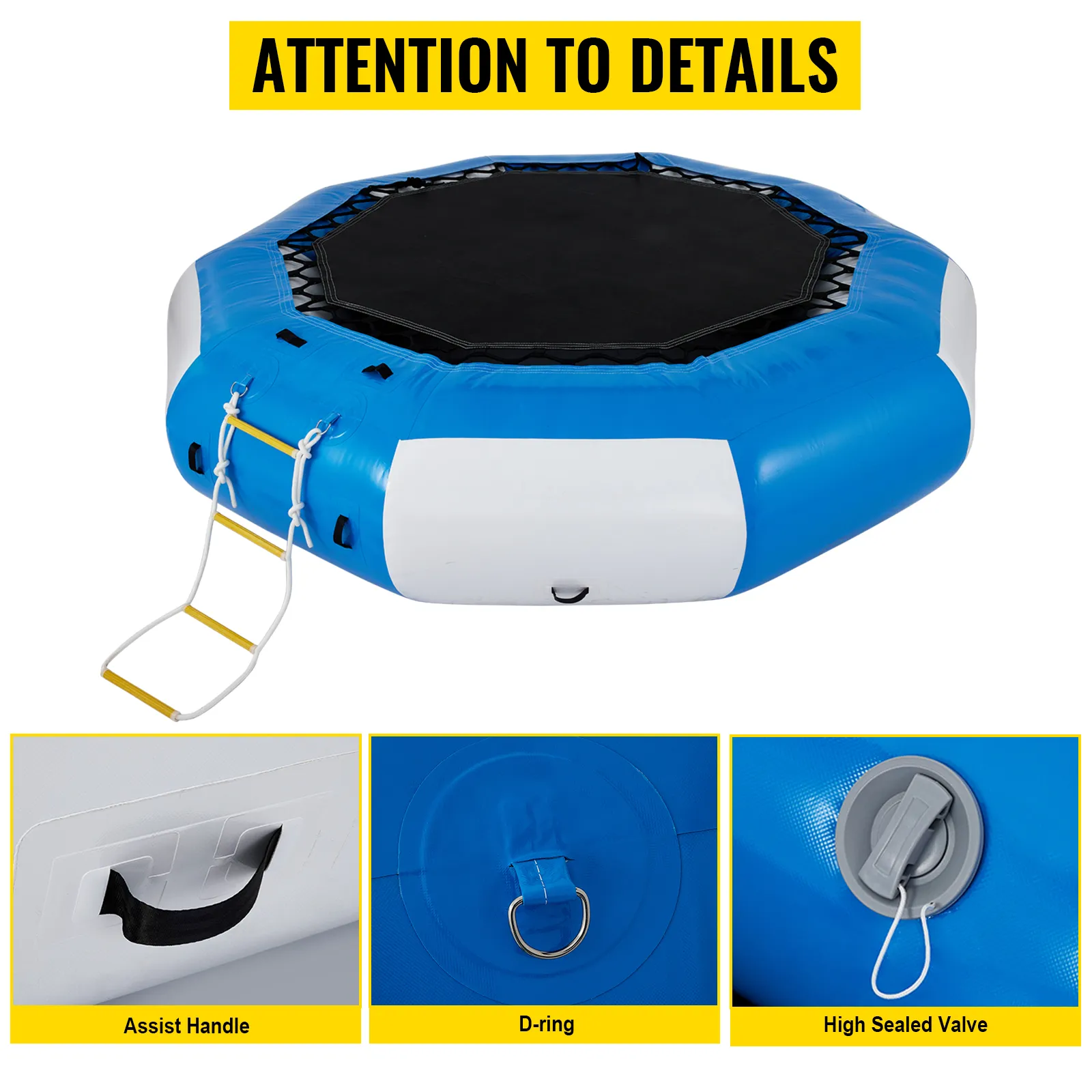 VEVOR water trampoline with assist handle, d-ring, and high-sealed valve, designed for stability and safety.