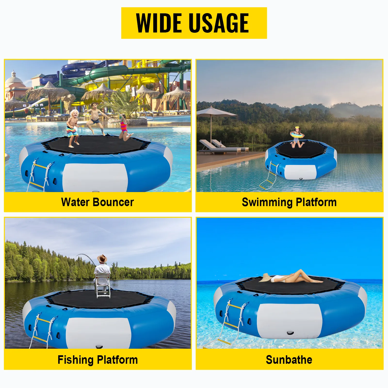VEVOR water trampoline with wide usage as water bouncer, swimming platform, fishing platform, and sunbathe.