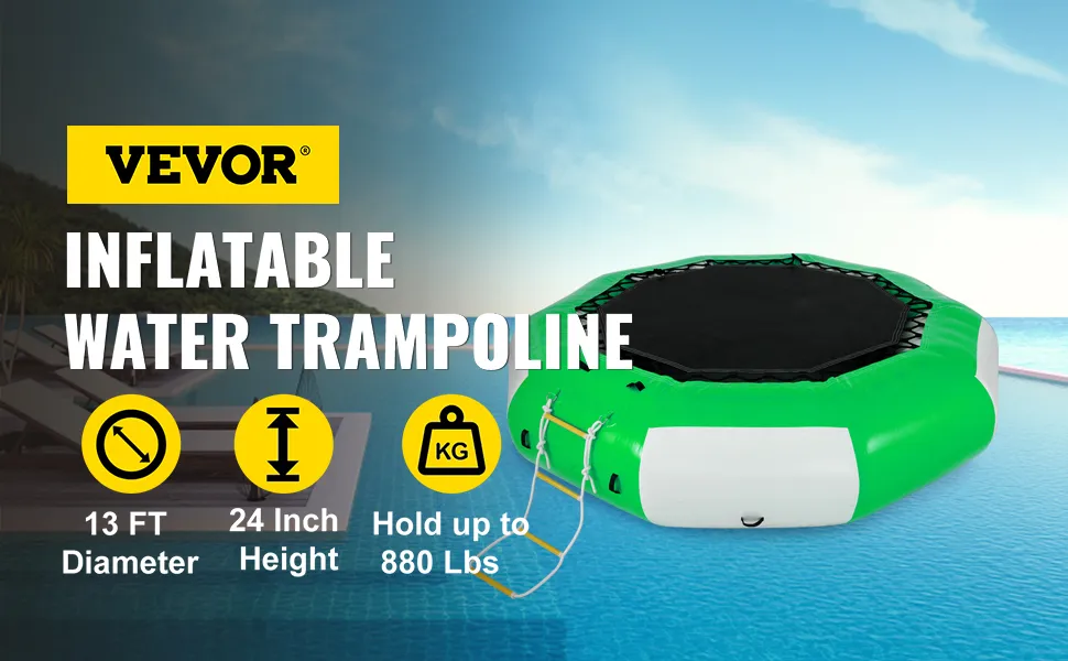 Trampolín acuático inflable VEVOR junto a una piscina, 13 pies de diámetro, 24 pulgadas de altura, soporta hasta 880 libras.