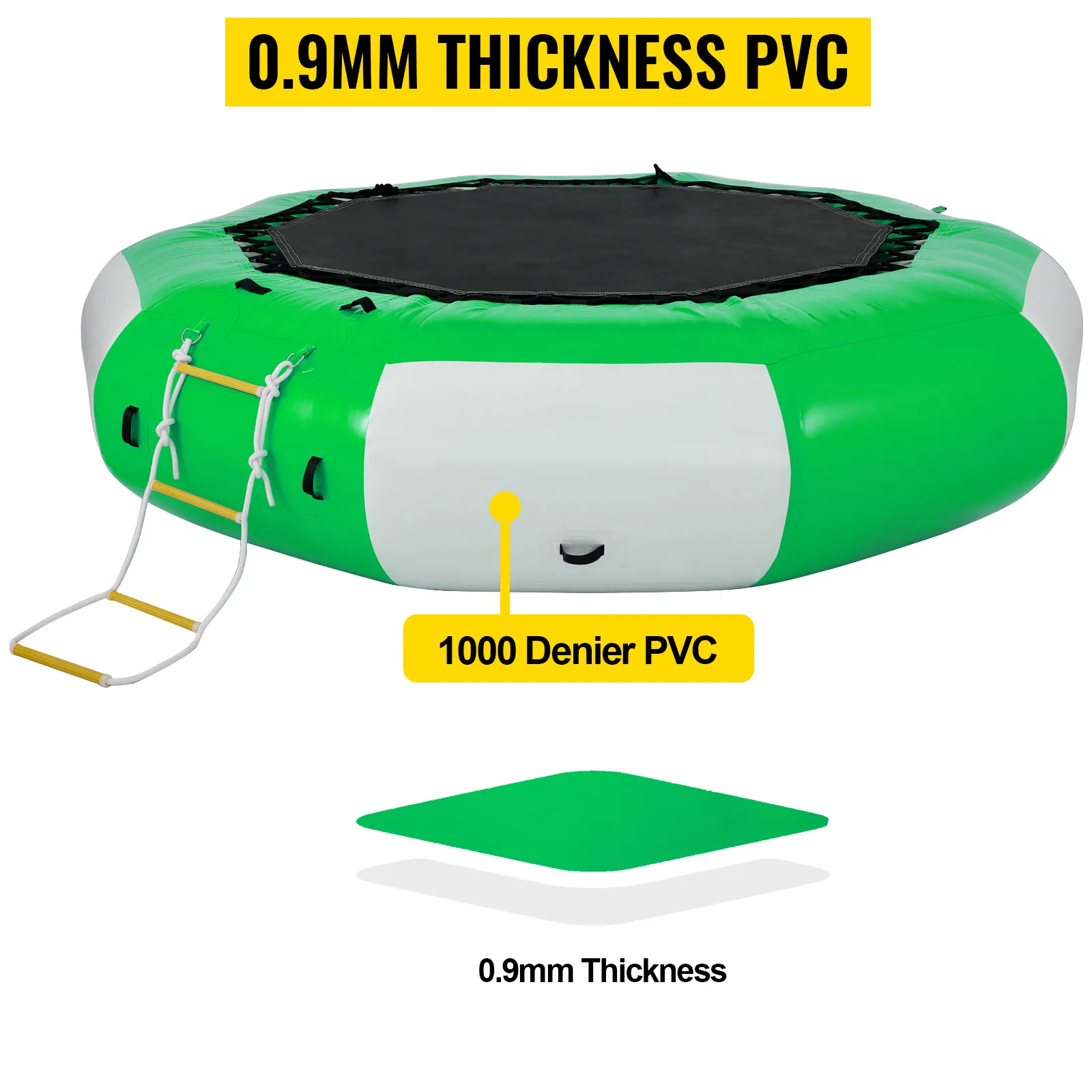 Trampolín acuático VEVOR verde y blanco con pvc de 0,9mm de espesor y escalera, fabricado con pvc de 1000 deniers.