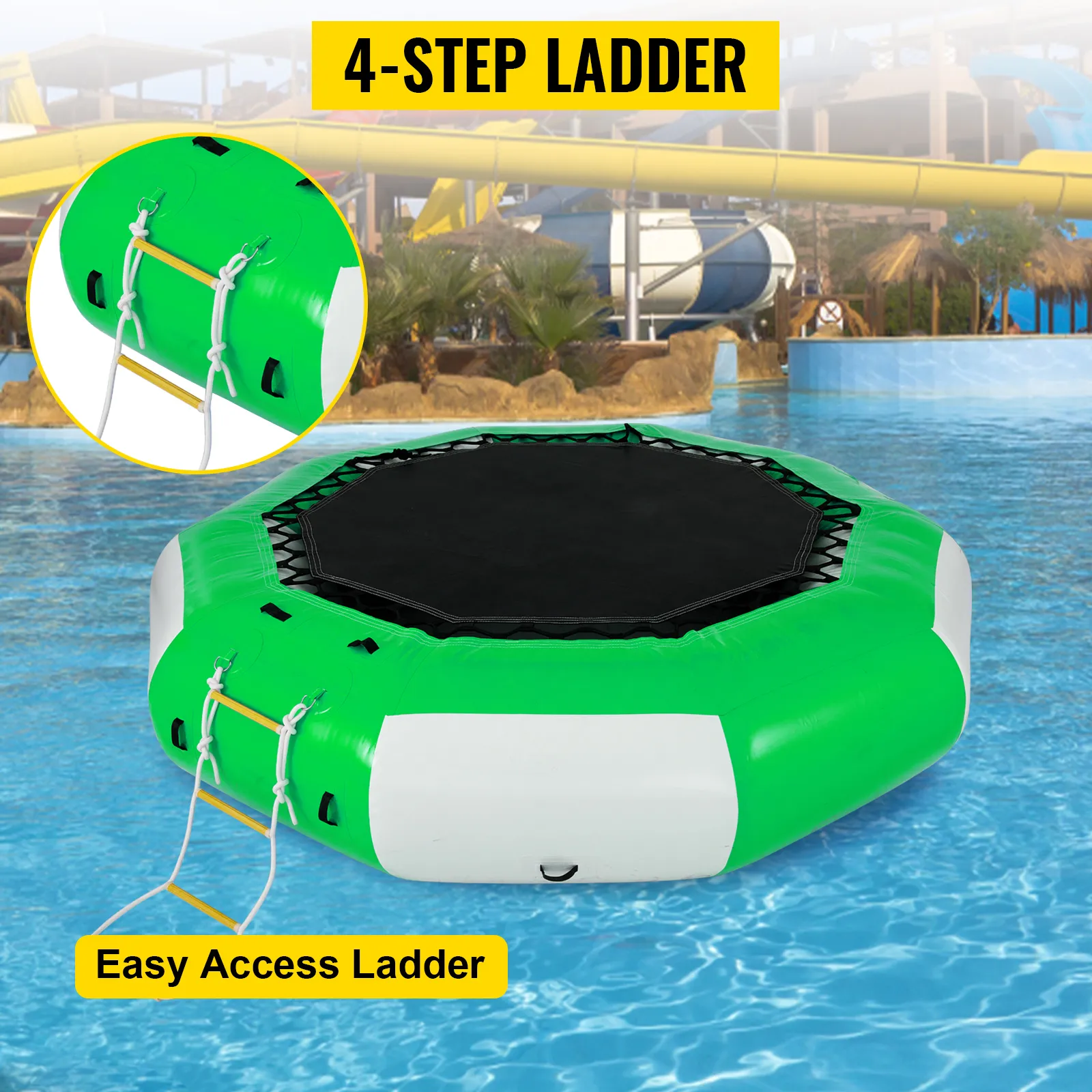 Trampolín acuático VEVOR con escalera de 4 escalones para un fácil acceso en un entorno junto a la piscina.