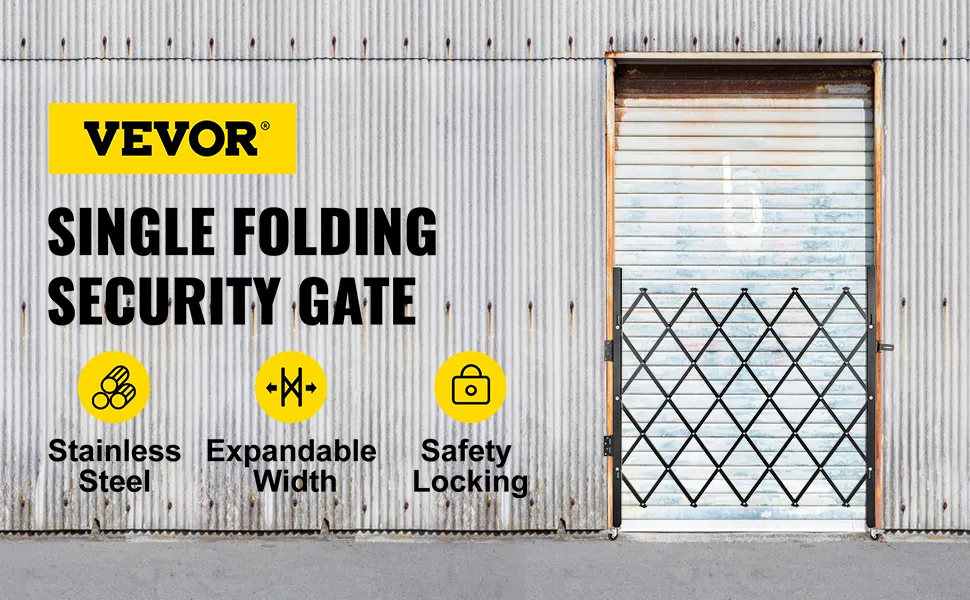 Puerta de seguridad plegable VEVOR sobre pared de metal corrugado con iconos de seguridad.