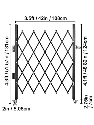 Puerta de seguridad plegable VEVOR con dimensiones detalladas en pies, pulgadas y centímetros.