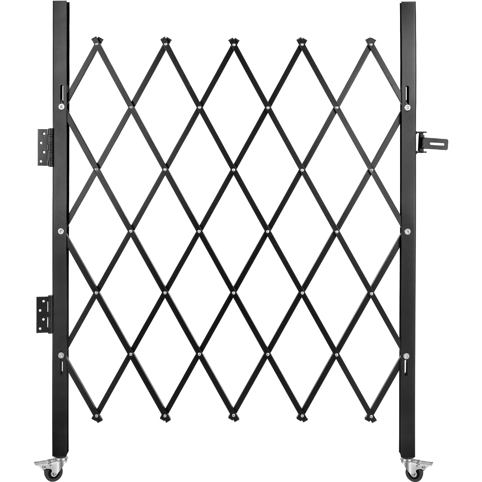 Puerta de seguridad plegable VEVOR con patrón de diamante negro y ruedas giratorias.