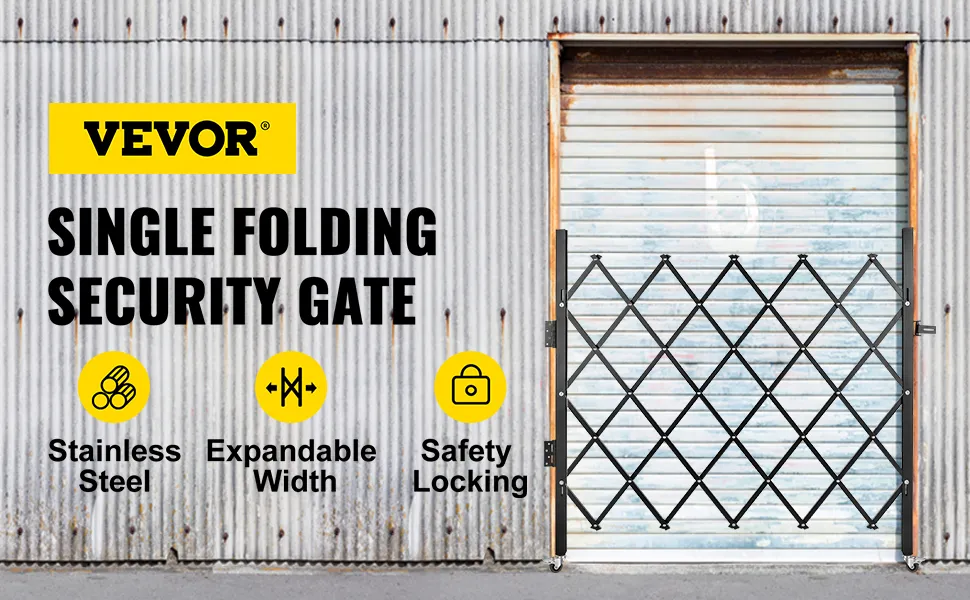 VEVOR folding security gate in front of a closed metal shutter door.