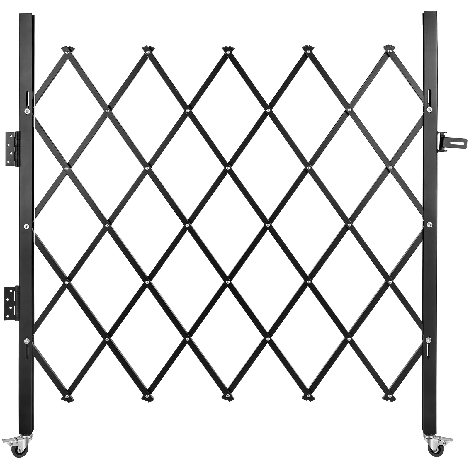 black VEVOR folding security gate with diamond-patterned metal bars and caster wheels.