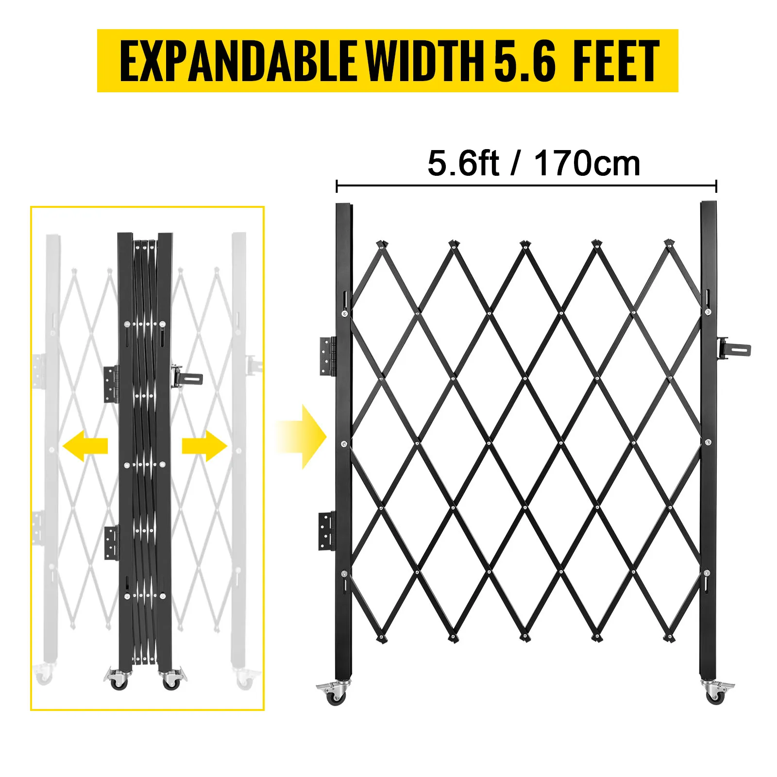 VEVOR folding security gate with expandable width of 5.6 feet and wheels for easy movement.