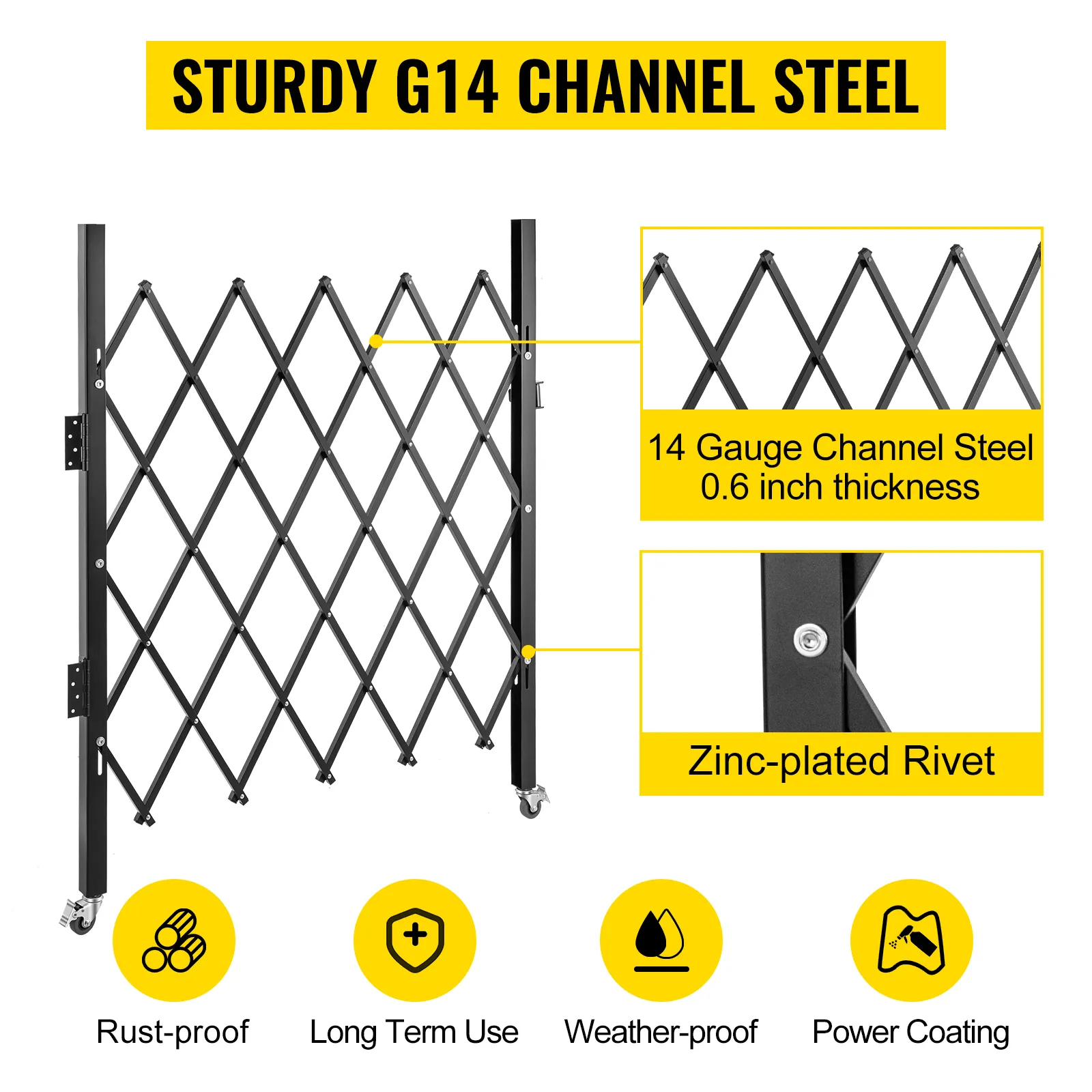 VEVOR folding security gate made of sturdy g14 channel steel, rust-proof and weather-proof.