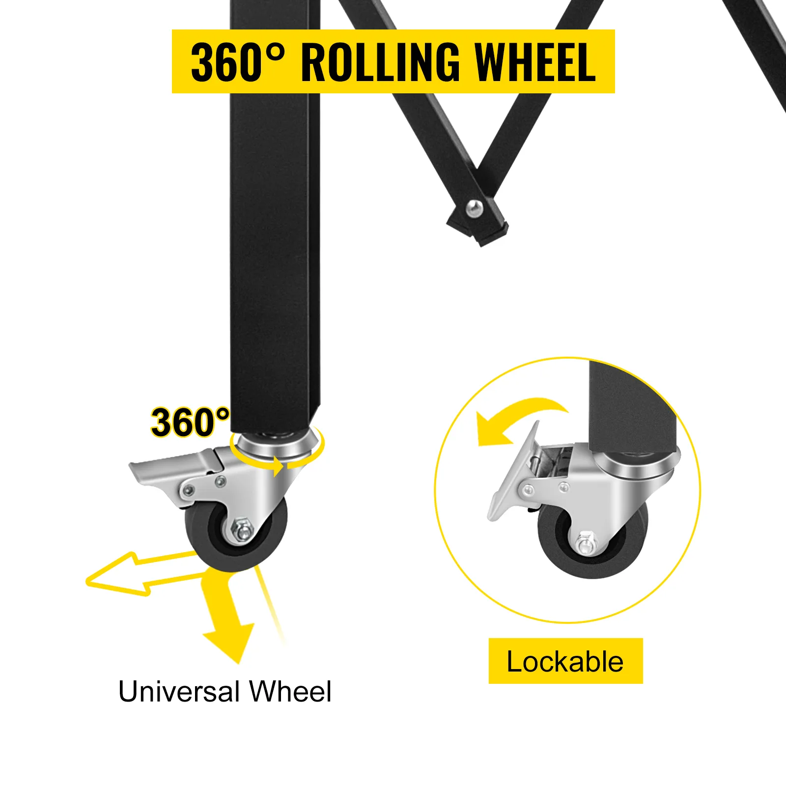 VEVOR folding security gate with 360° rolling and lockable wheels.