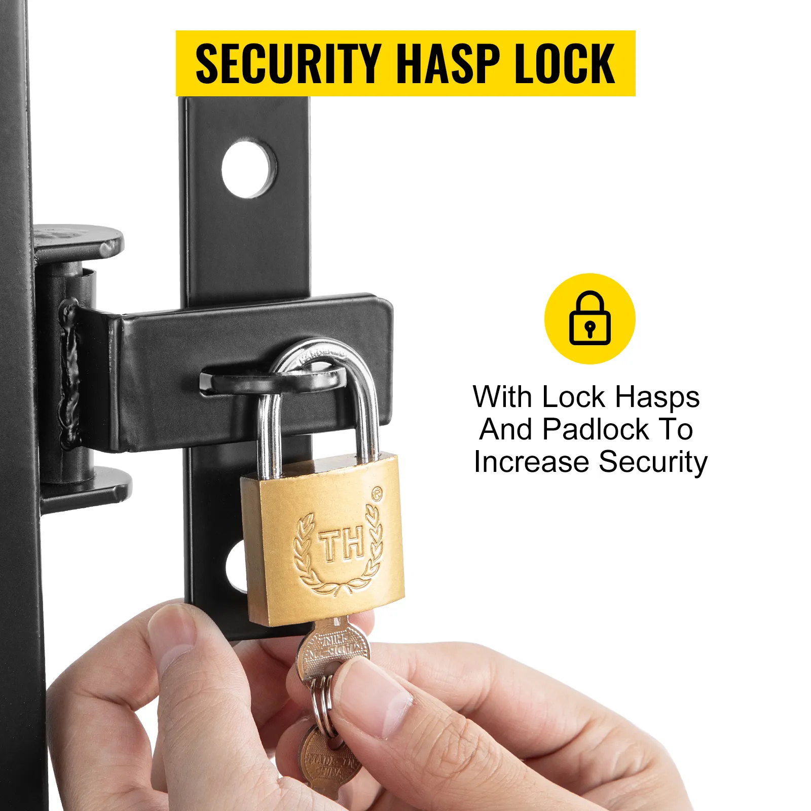 VEVOR folding security gate with lock hasps and padlock for increased security.