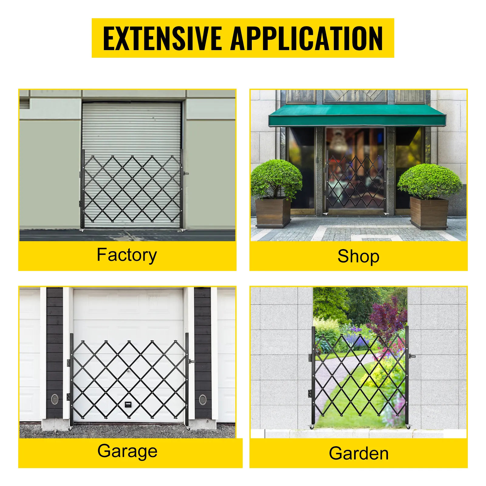 VEVOR folding security gate for factory, shop, garage, and garden use.