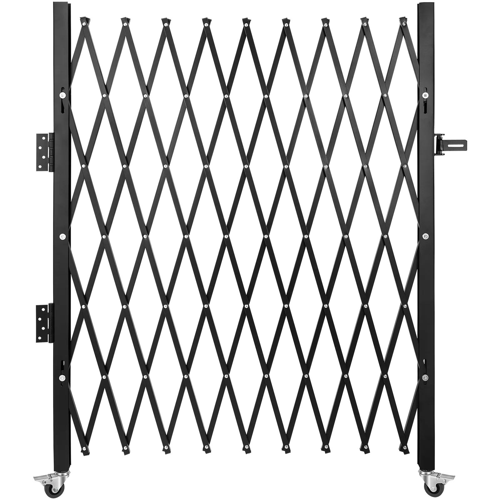 Puerta de seguridad VEVOR con diseño enrejado de diamante negro y mecanismo de bloqueo, sobre ruedas.