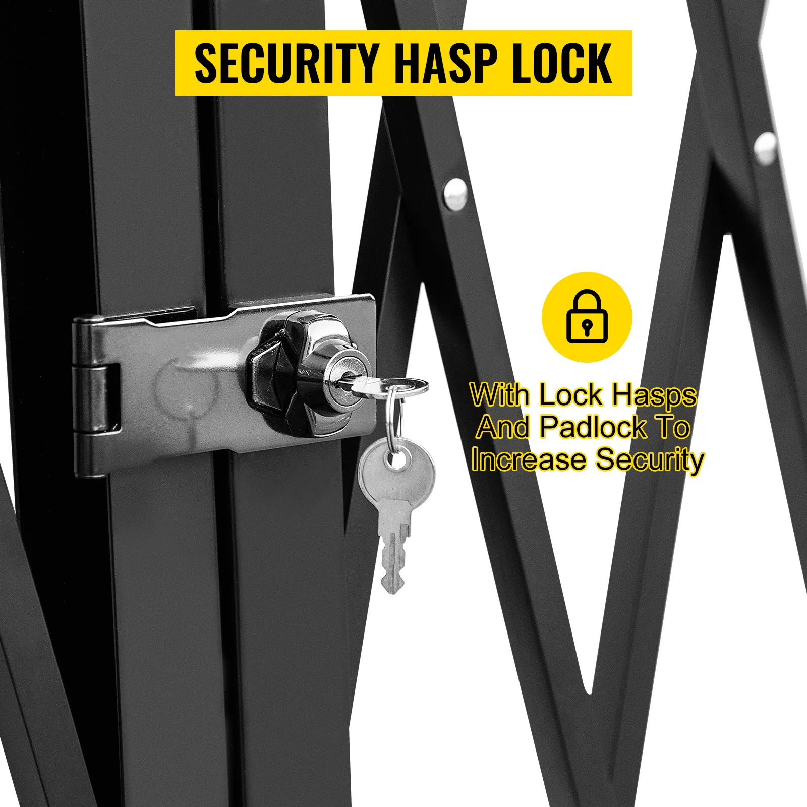 Cancello di sicurezza pieghevole VEVOR con ganci di bloccaggio e lucchetto per aumentare la sicurezza.