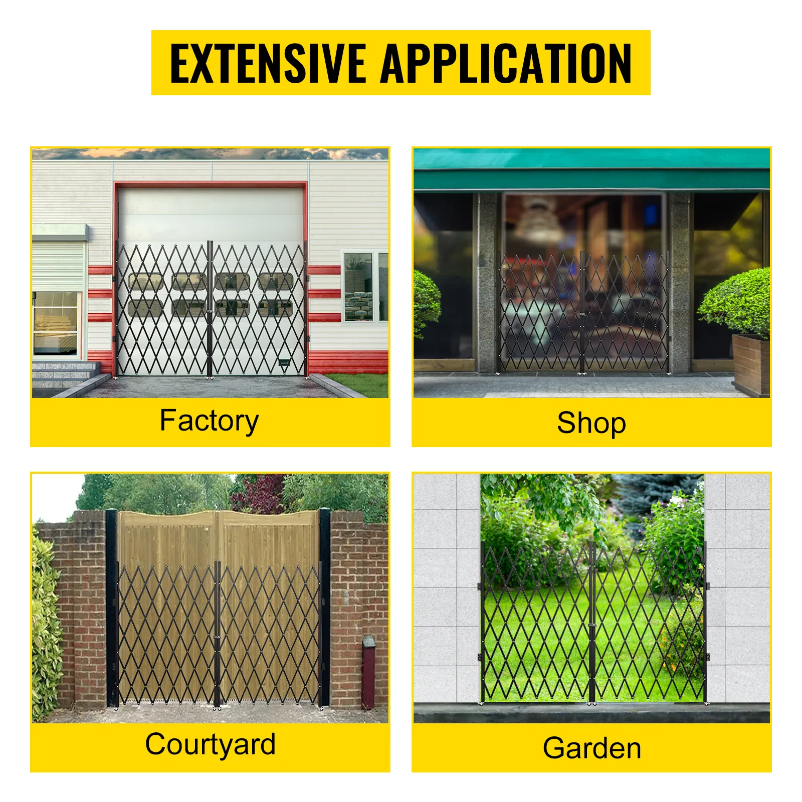 Esempi di installazione di cancelli di sicurezza pieghevoli VEVOR: fabbrica, negozio, cortile, giardino.