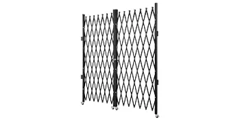 Puerta de seguridad VEVOR negra con diseño de celosía metálica expandible y ruedas giratorias.