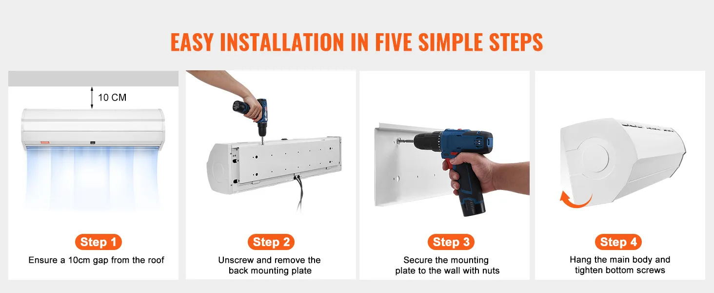 VEVOR indoor air curtain installation steps: ensure 10cm gap, unscrew mounting plate, secure to wall, hang body.