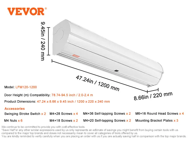 VEVOR indoor air curtain specs: model lfm120-1200, dimensions 47.24x8.66x9.45 in, with mounting accessories.