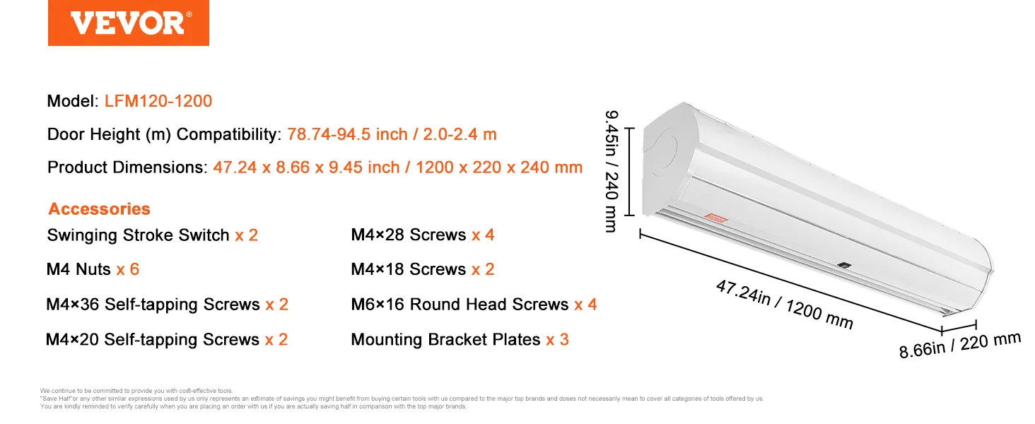 VEVOR indoor air curtain specs: model lfm120-1200, dimensions 47.24x8.66x9.45 in, with mounting accessories.
