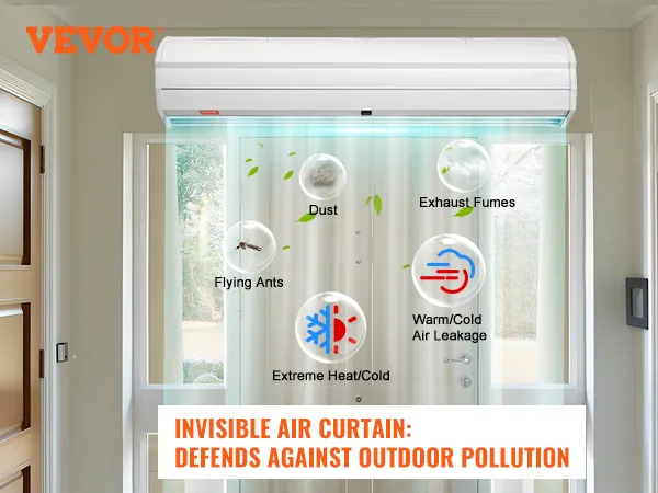 VEVOR indoor air curtain blocking dust, exhaust fumes, flying ants, heat/cold air leakage in a doorway.