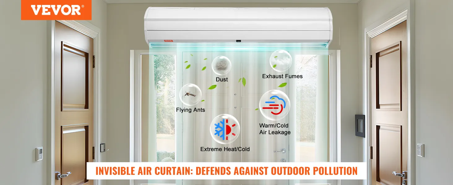 VEVOR indoor air curtain blocking dust, exhaust fumes, flying ants, heat/cold air leakage in a doorway.