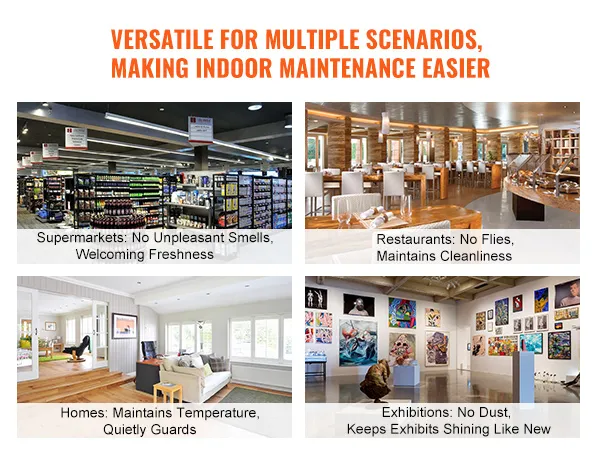 versatile VEVOR indoor air curtain in supermarkets, restaurants, homes, and exhibitions for optimal air control.
