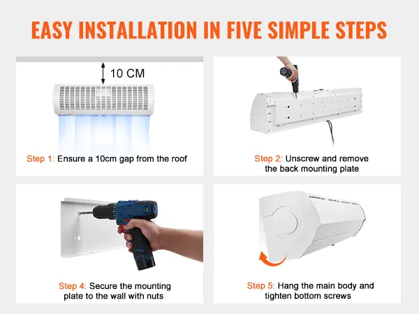 easy installation guide for VEVOR indoor air curtain in five steps. ensure 10cm gap, screw, hang securely.