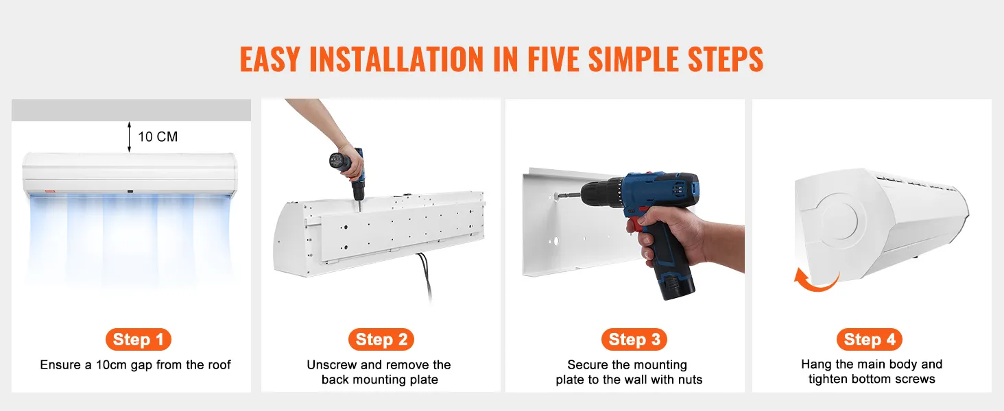 easy installation guide for VEVOR indoor air curtain in five steps. ensure 10cm gap, screw, hang securely.
