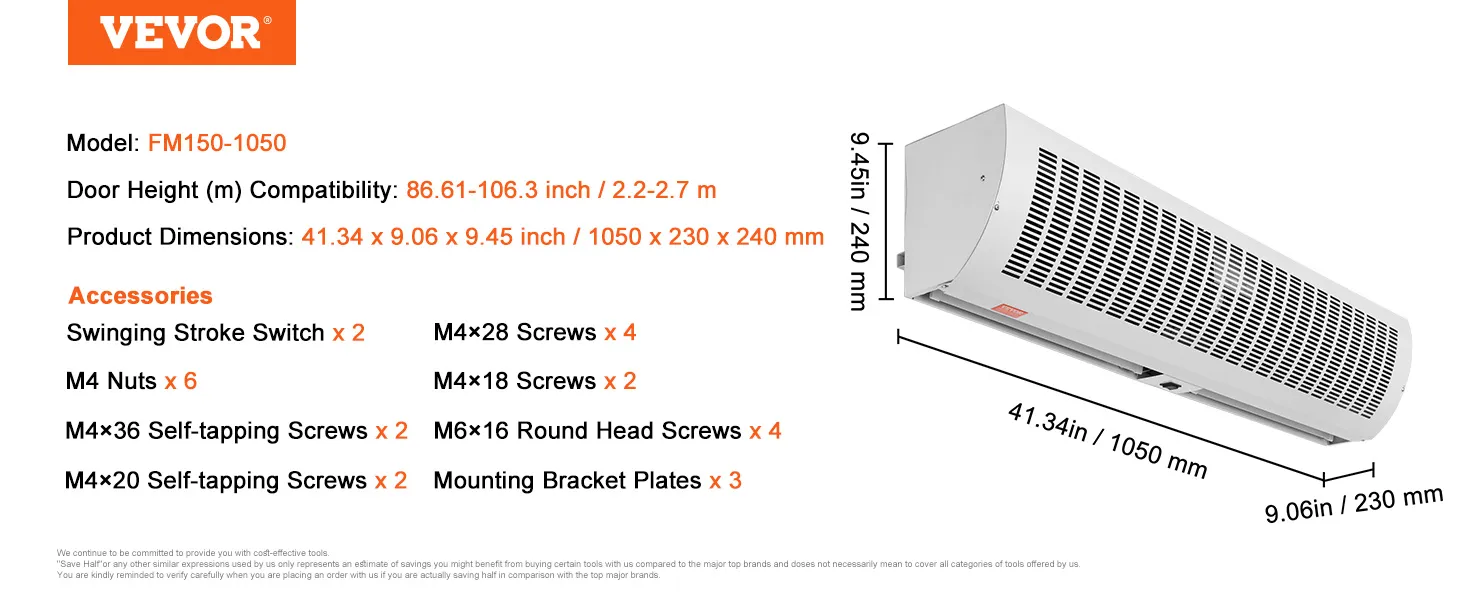 Modell FM150-1050 VEVOR-Luftschleier mit den Abmessungen 41,34 x 9,06 x 9,45 Zoll. Zubehör aufgeführt.