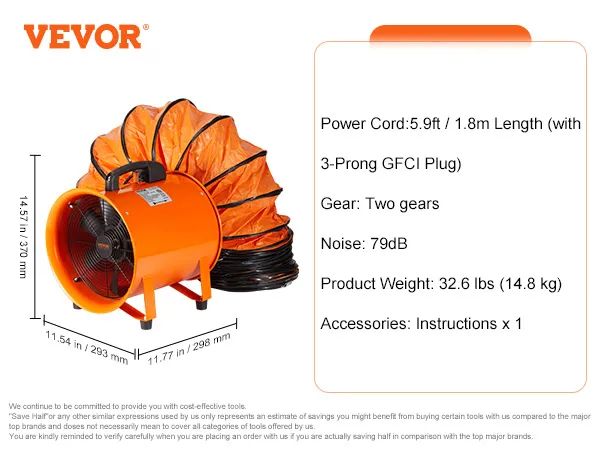 Przenośny respirator VEVOR z przewodem zasilającym o długości 5,9 stóp, poziomem hałasu 79 dB, wagą 32,6 funta i dwoma biegami.