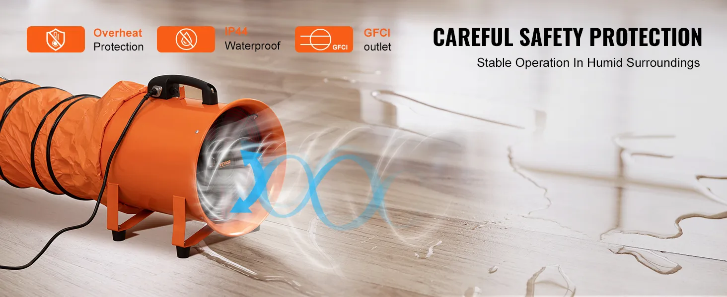 Przenośny respirator VEVOR z zabezpieczeniem przed przegrzaniem, stopniem wodoodporności IP44 i wyjściem GFCI na mokrej podłodze.