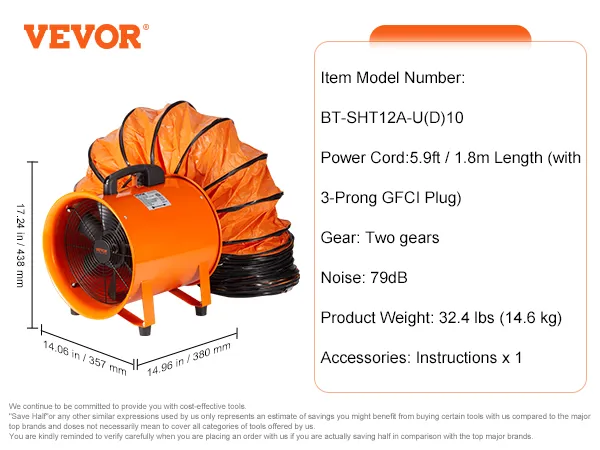 VEVOR portable ventilator, 14.96in diameter, 17.24in height, 5.9ft power cord, two gears, 79db noise.
