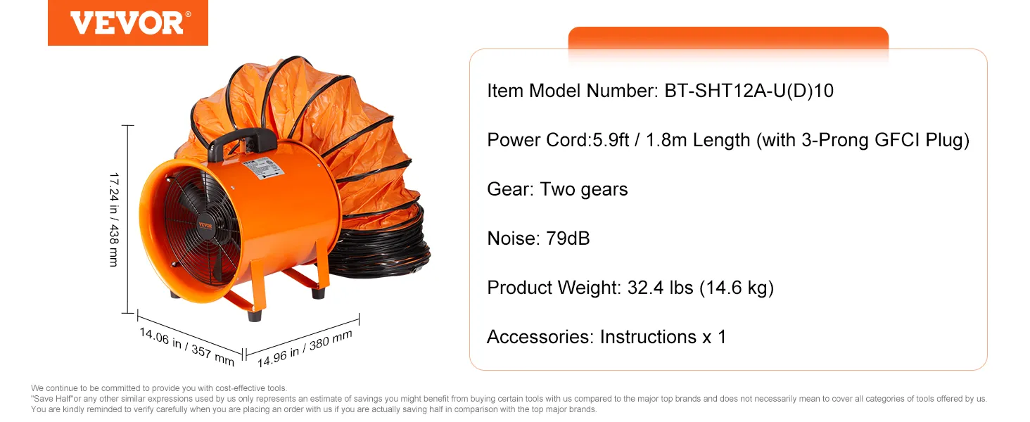 VEVOR portable ventilator, 14.96in diameter, 17.24in height, 5.9ft power cord, two gears, 79db noise.