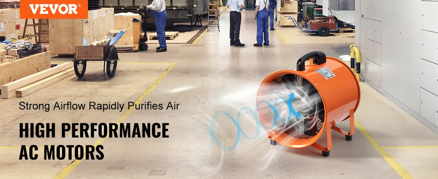 VEVOR portable ventilator in a workshop with high performance ac motors, strong airflow rapidly purifies air.