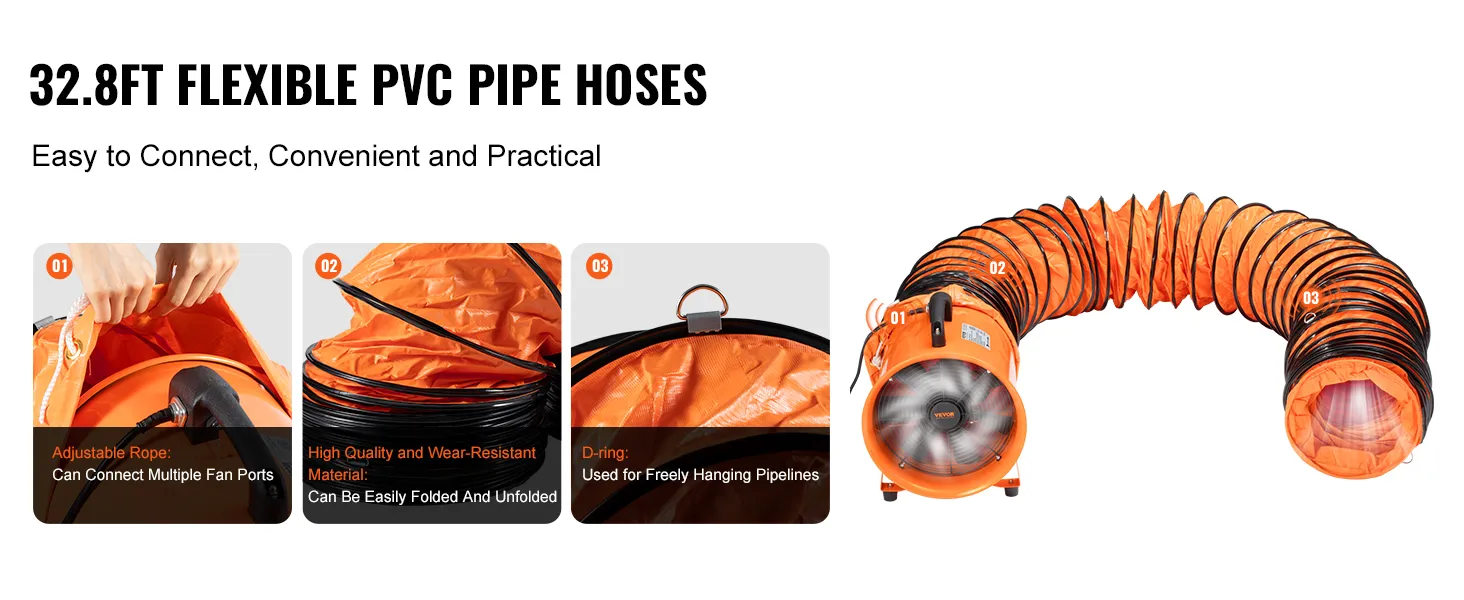 32.8ft flexible pvc pipe with VEVOR portable ventilator, featuring adjustable rope, high-quality material, and d-ring.