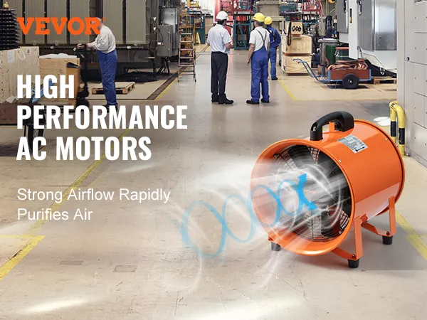 VEVOR portable ventilator in a workshop, showcasing strong airflow and high-performance ac motors.
