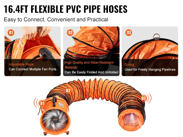 VEVOR portable ventilator with 16.4ft flexible pvc pipe hoses, featuring adjustable rope and d-ring.