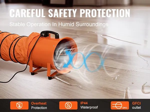 orange VEVOR portable ventilator with duct, featuring gfci outlet and overheat protection.